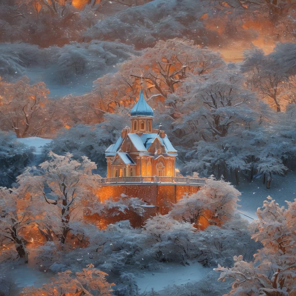 Snowy Chapel at Sunset: Baroque Digital Matte Painting