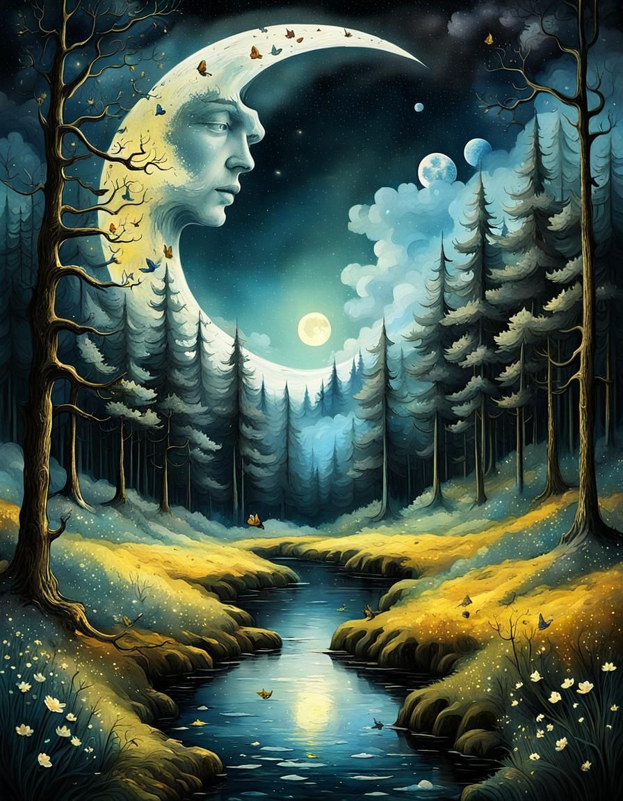 Surreal Moonscape with Forest, Double Exposure Effect