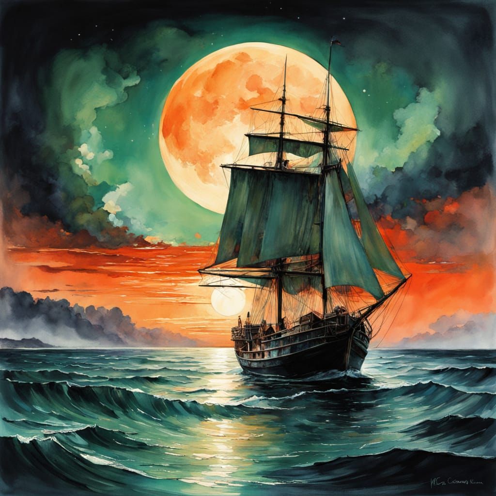 Sailboat Under Strawberry Moon in Digital Watercolor