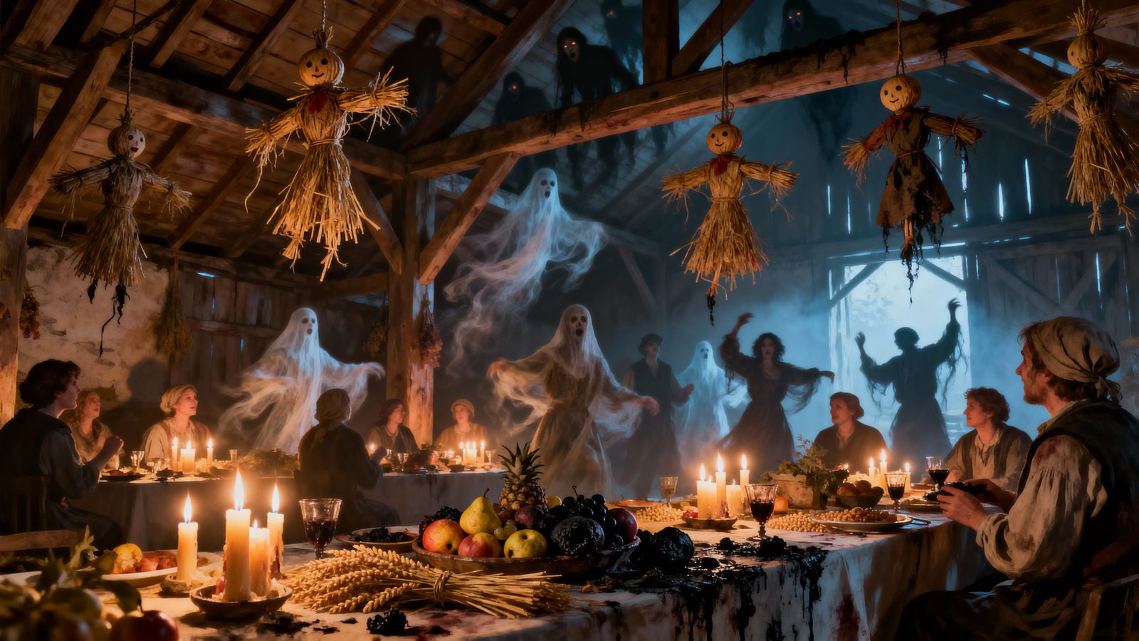 Villagers Celebrate Harvest Amidst Haunting Shadows