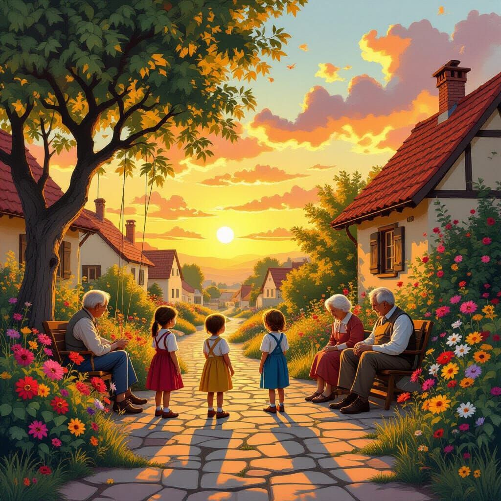 Eerie Village Sunset: Digital Painting with Watercolor Textu...