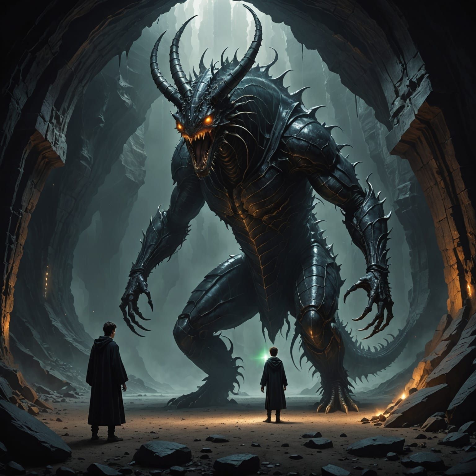 Dark Fantasy Warrior Faces Monstrous Cavern Dweller