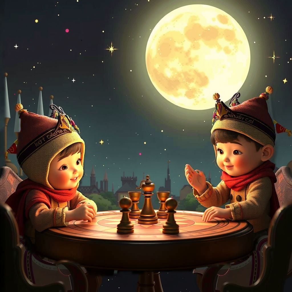 Babies Play Chess Under the Moon in 3D Style