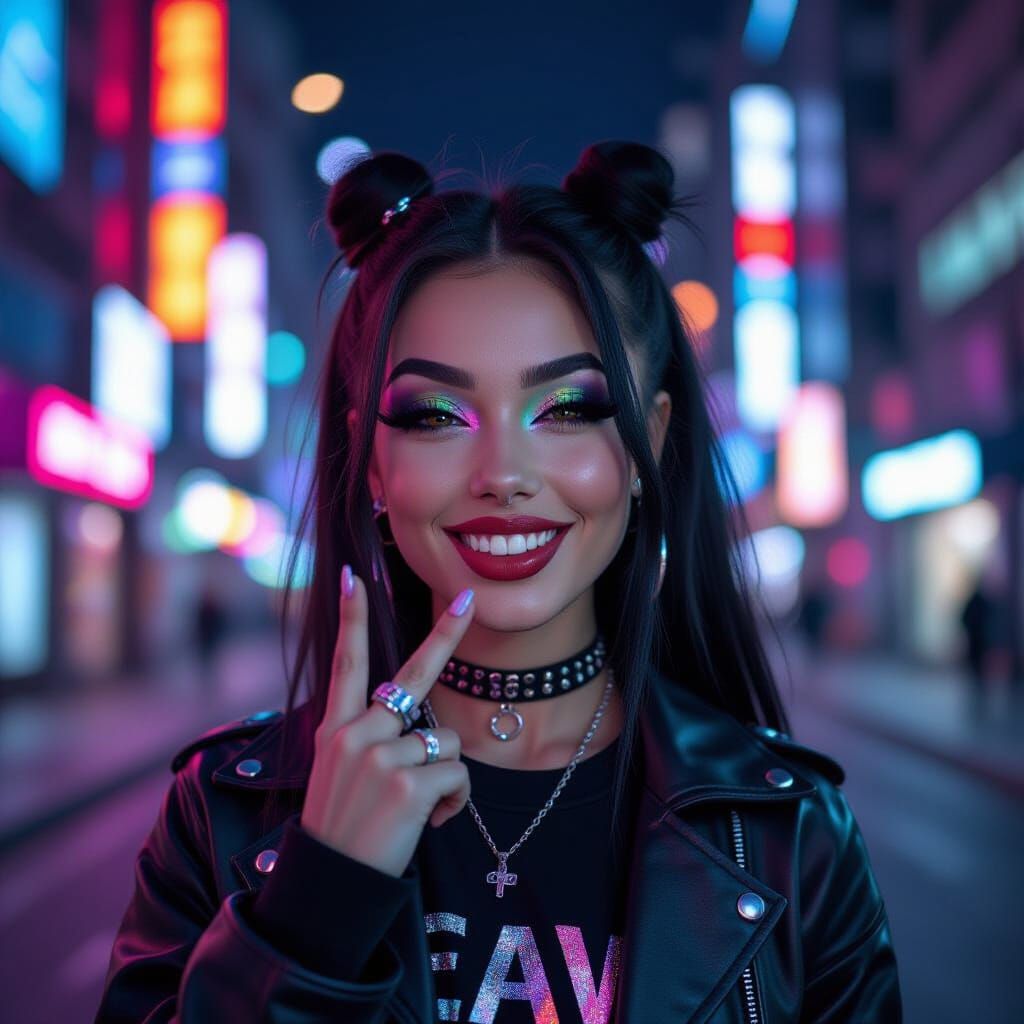 Cheeky Emo Girl in Futuristic Cyberpunk City Portrait