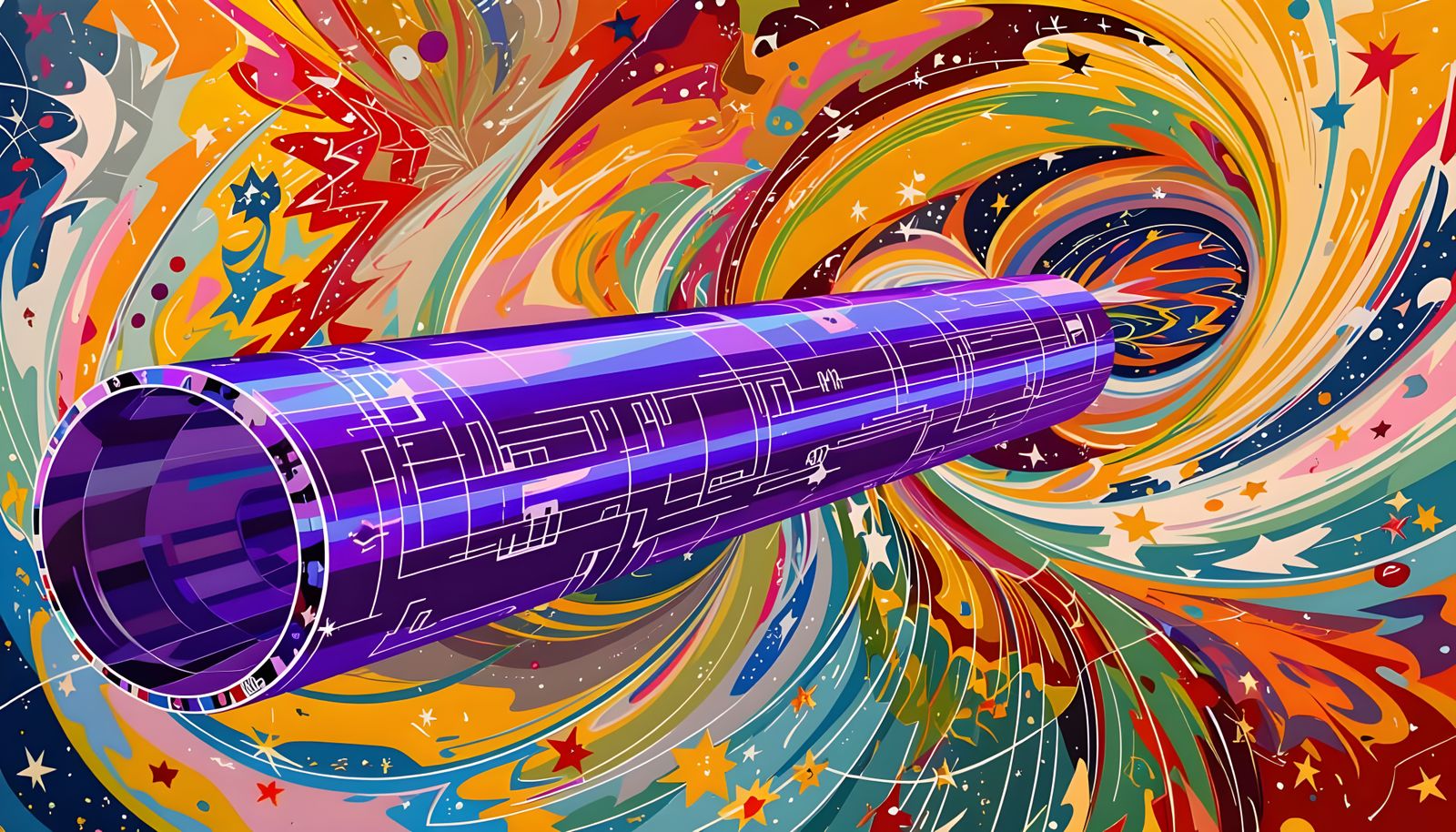 Surreal Metallic Cylinder Races Through Impasto Cosmos