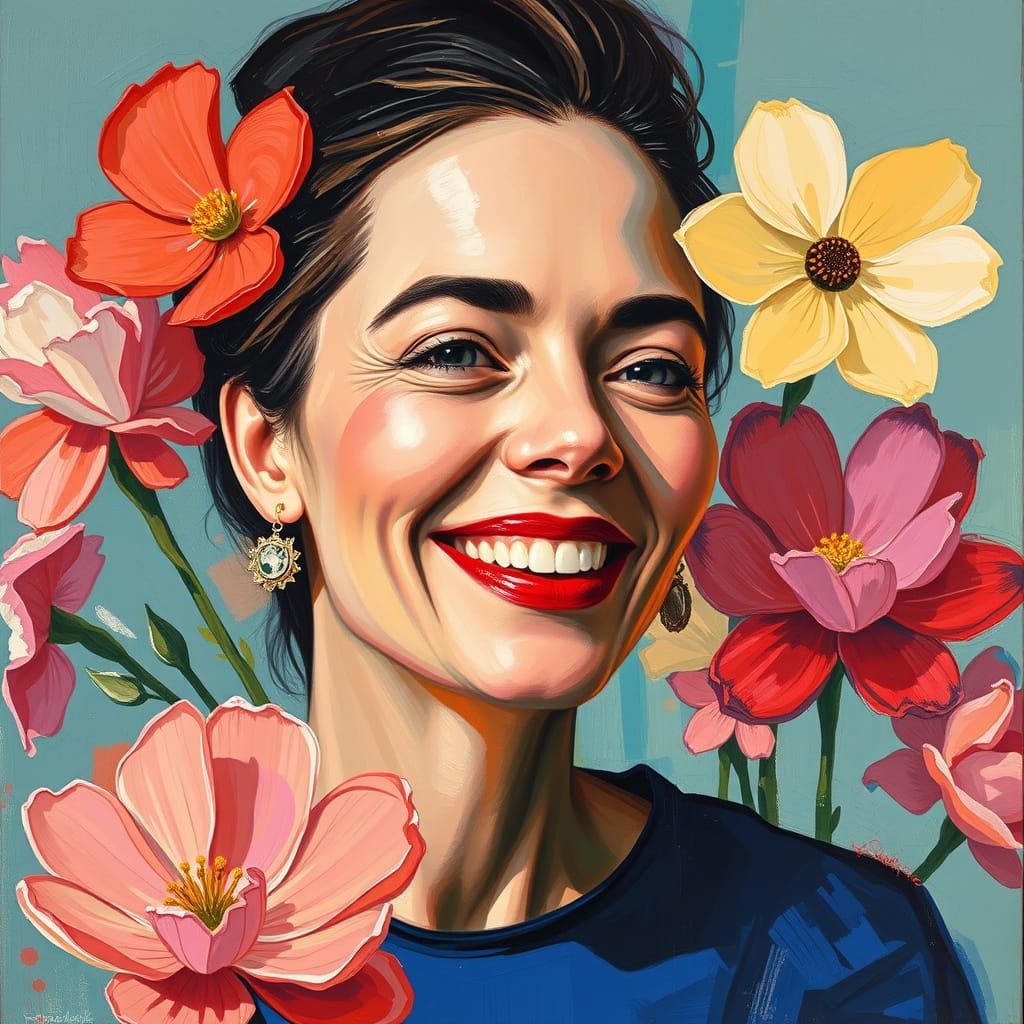 Vibrant Portrait of a Smiling Woman in Motion, Inspired by E...