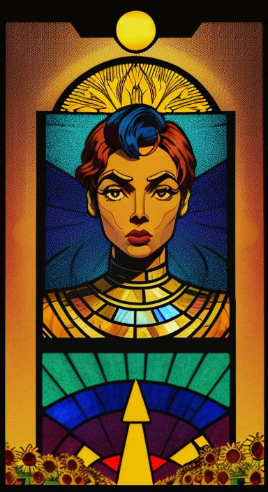 Cosmic Visionary War Hero in Vibrant Stained Glass Sunset