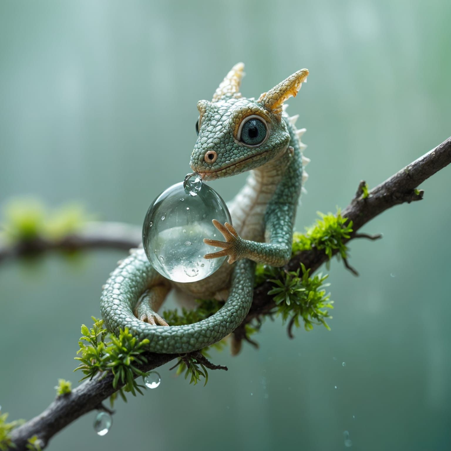 Hyperealistic Water Dragon Sits on Mossy Branch