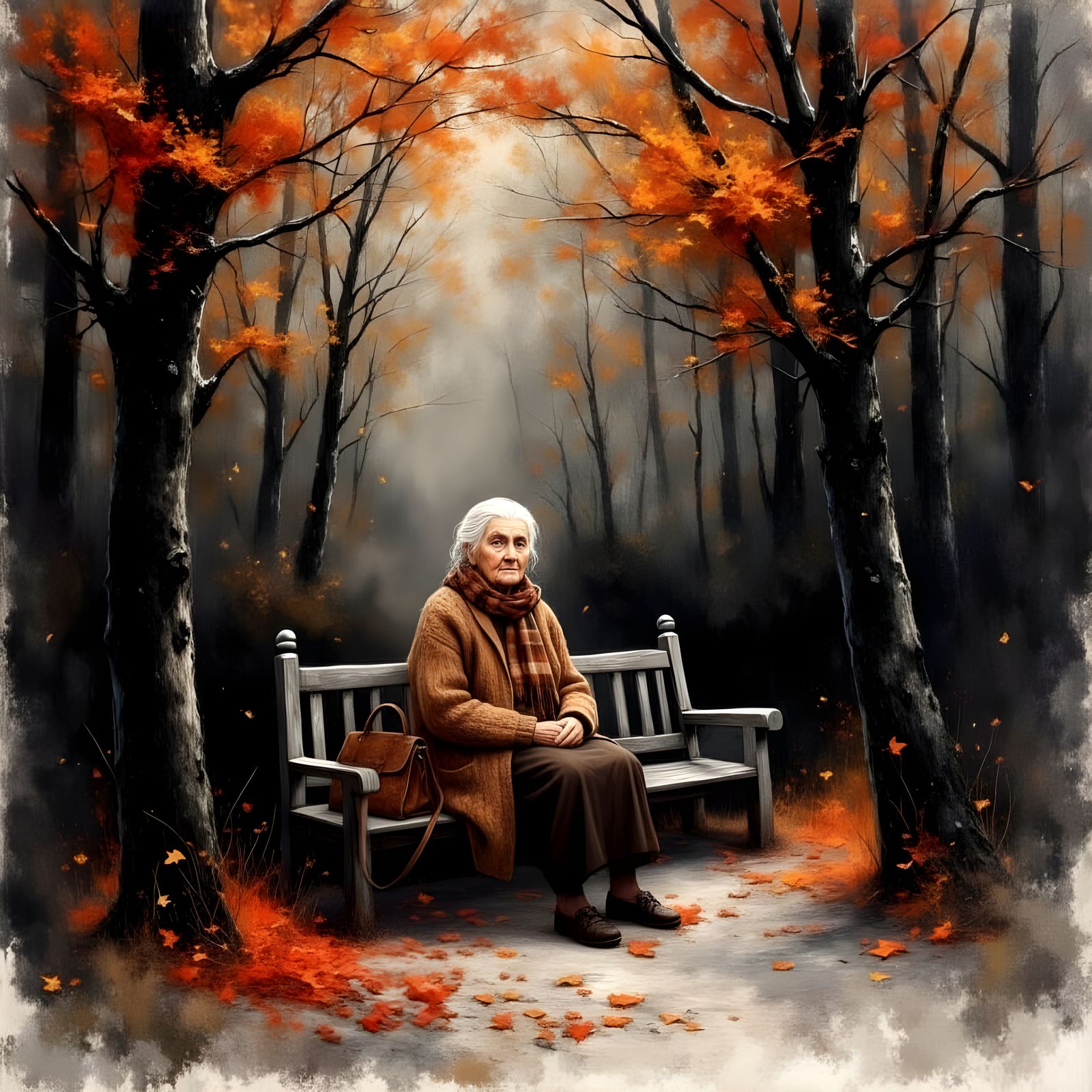 Autumn Bench Scene in Expressive Charcoal and Ink