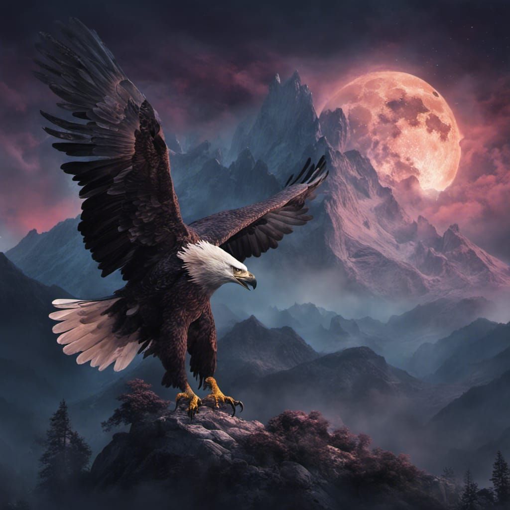 Eagles Flying Under Moonlight in Fantasy Landscape