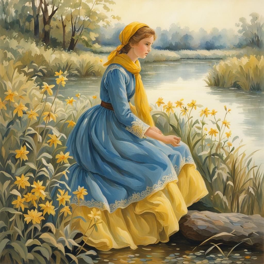 Young Woman at Riverbank in Children's Book Style