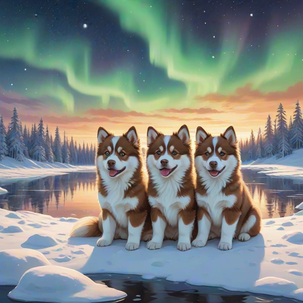 Finnish Lapphund Puppies Bask in Northern Lights