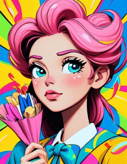 Pop Art Woman with Flowers and Ribbons