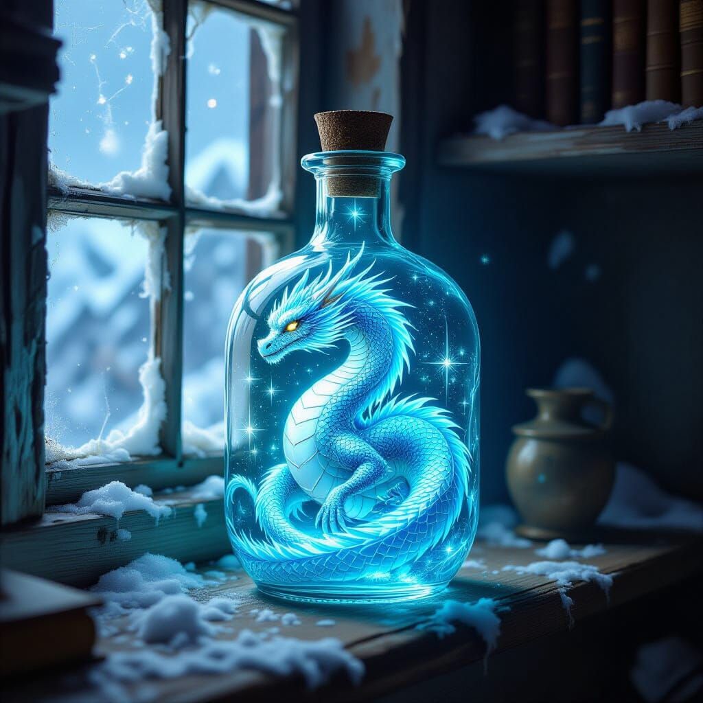 Bioluminescent Dragon Encased in Glass Bottle
