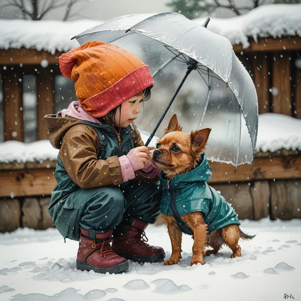 Whimsical Snowy Encounter in Vibrant Watercolor