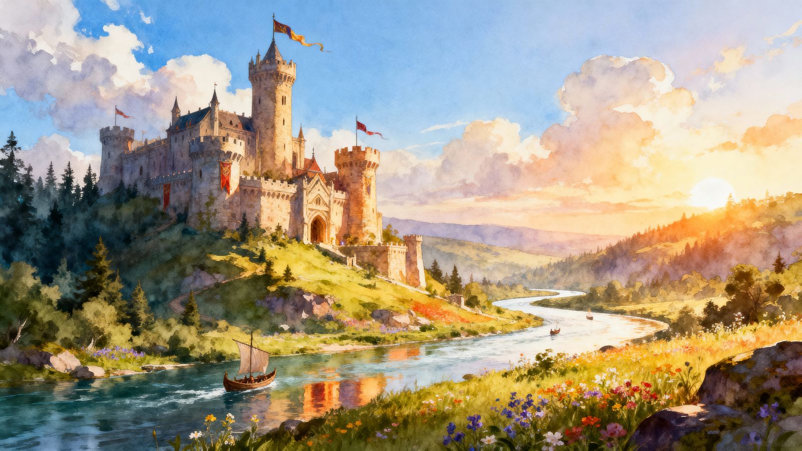 Majestic Medieval Castle Watercolor Landscape