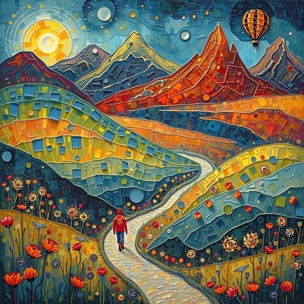 Textured Encaustic Painting of Swiss Alps in Primitive Style