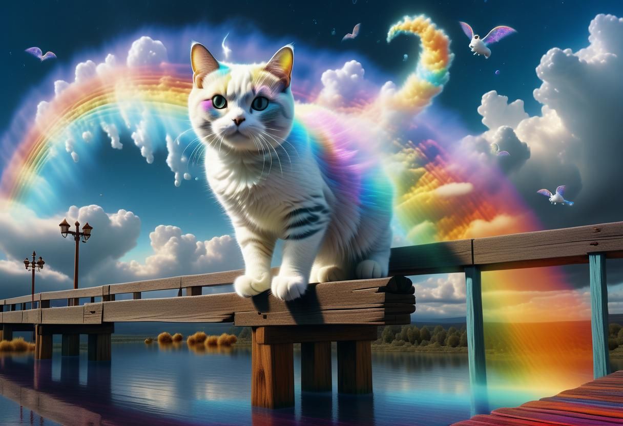 Bioluminescent Cloud Cat Races Across Rainbow Bridge