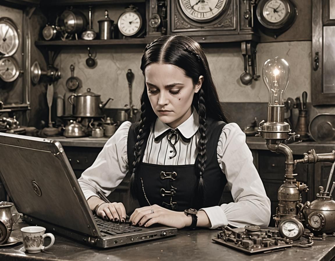 Wednesday Addams Falling Asleep at Steampunk Laptop