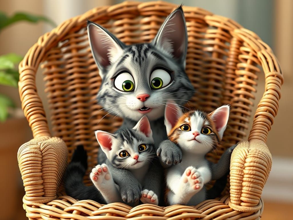 Gray Striped Cat Mother with Two Kittens in a Wicker Chair