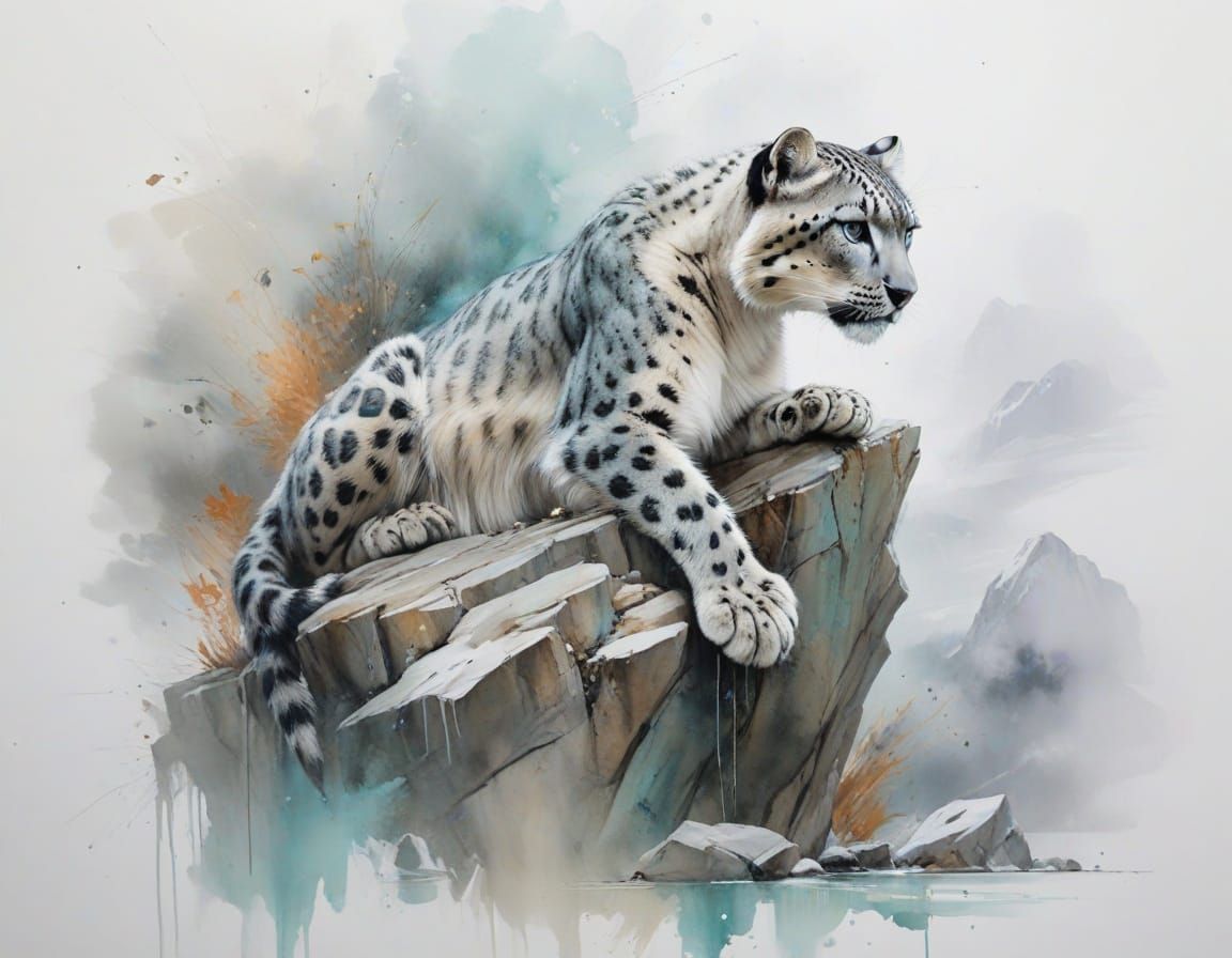 Snow Leopard on Rocky Ledge in Misty Mountains