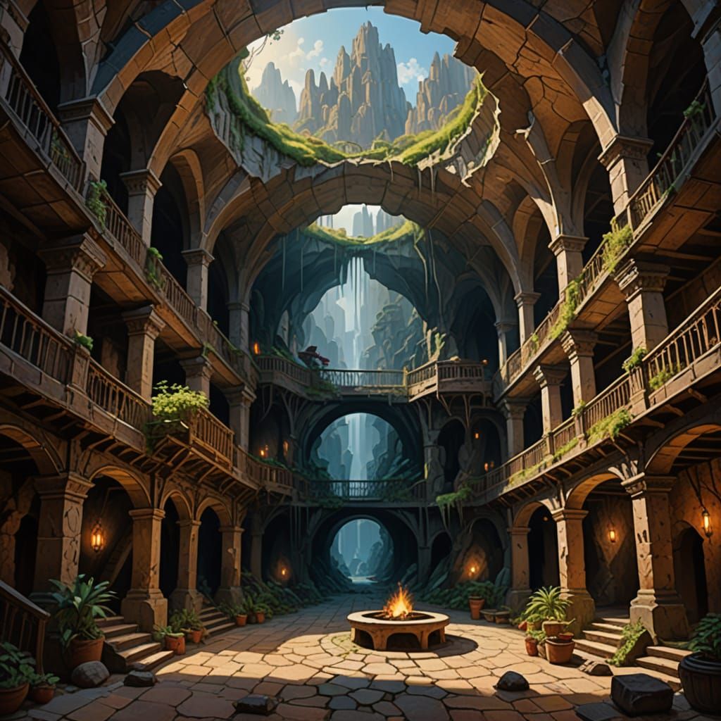 Epic Gouache Painting of a Circular Cavern Interior