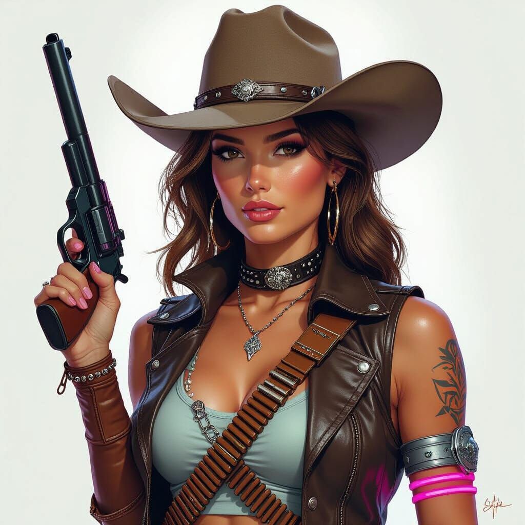 Sci-Fi Space Cowgirl with Neon Duster