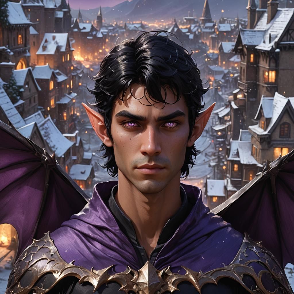 Fantasy Portrait with Bat Wings in Starlight City