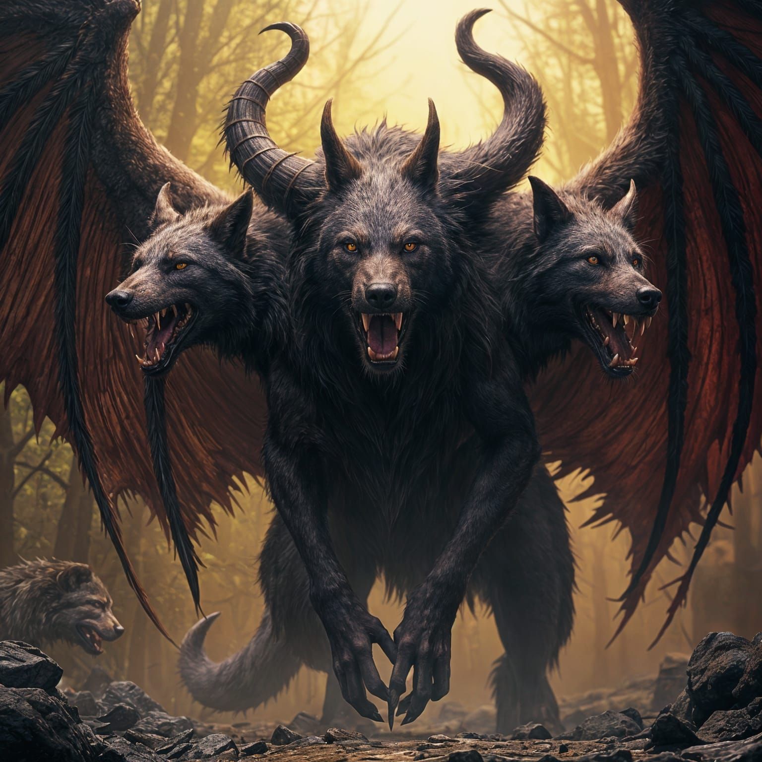Dark Fantasy Cerberus in Flapping Flight