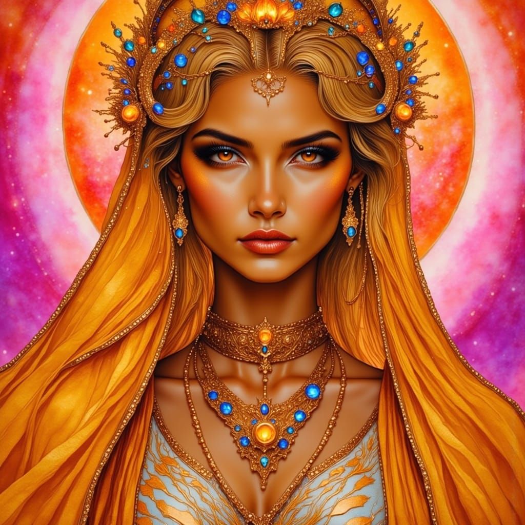 Radiant Sun Priestess with Amber Eyes