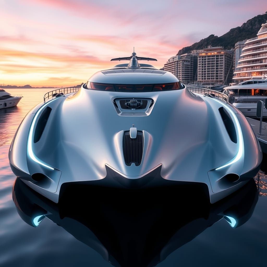 A  sleek, advanced 55-foot futuristic hydrofoil cruiser