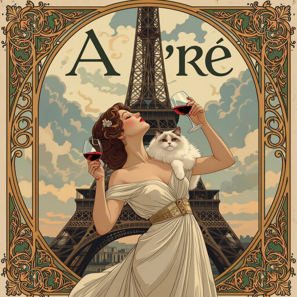 Art Nouveau Woman with Wine by Eiffel Tower and Cat