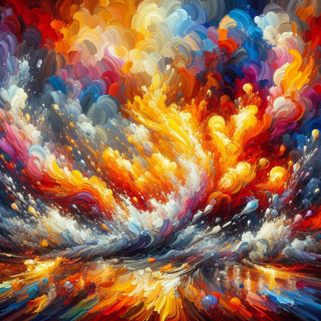 Multi coloured fluids, splashing around, in front of a wall ...