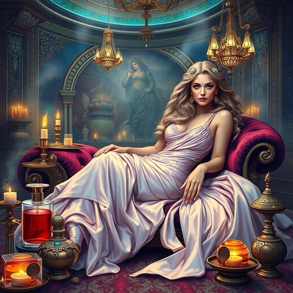 Mystical Lamia in Opulent Chamber, Iridescent Silks and Gems...