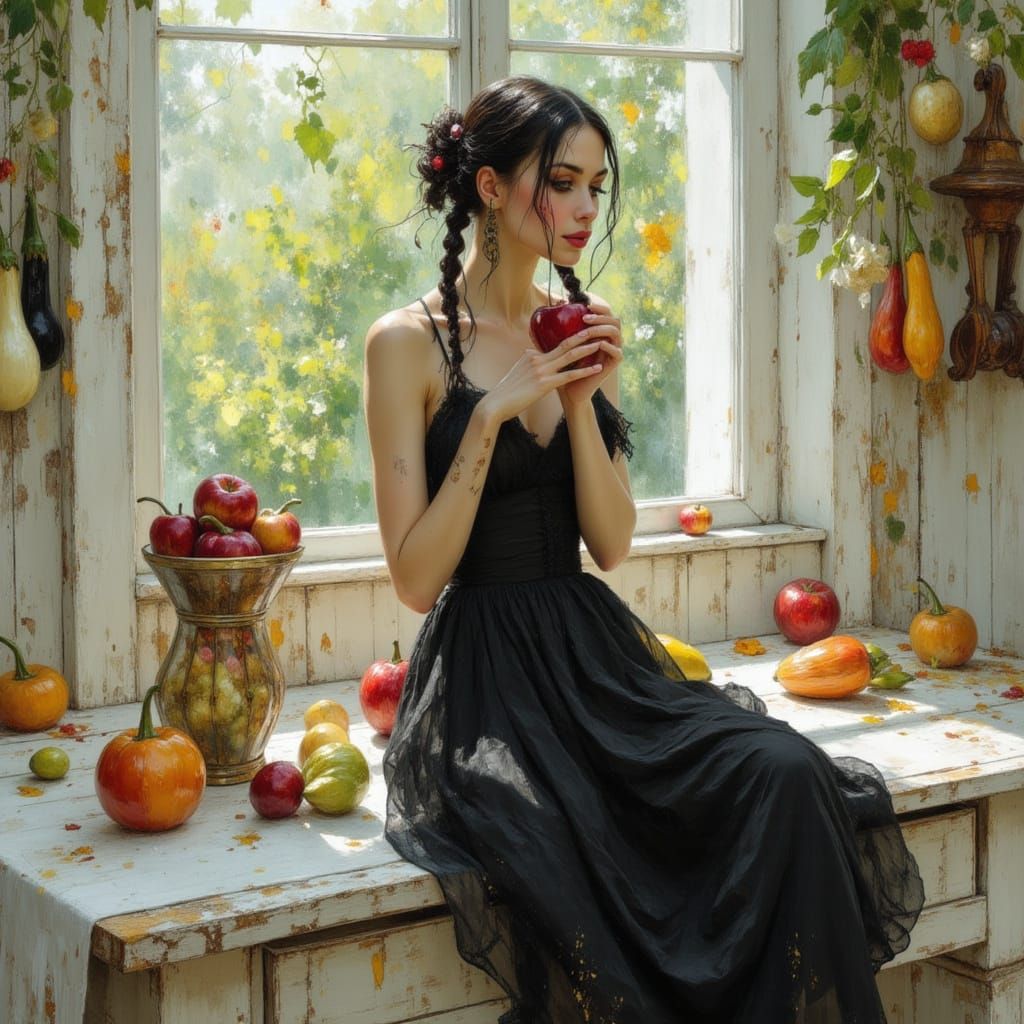 Woman with Braids in Whimsical Kitchen Scene