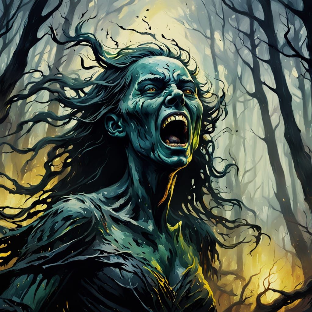 Eerie Banshee Screams in Dark Forest as Expressionist Painti...