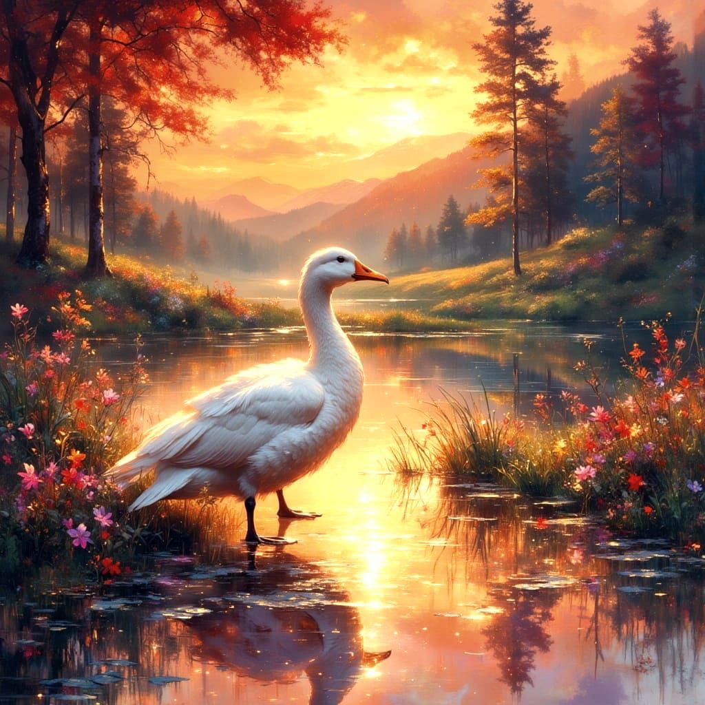 Ethereal Goose Amidst Vibrant Sunset