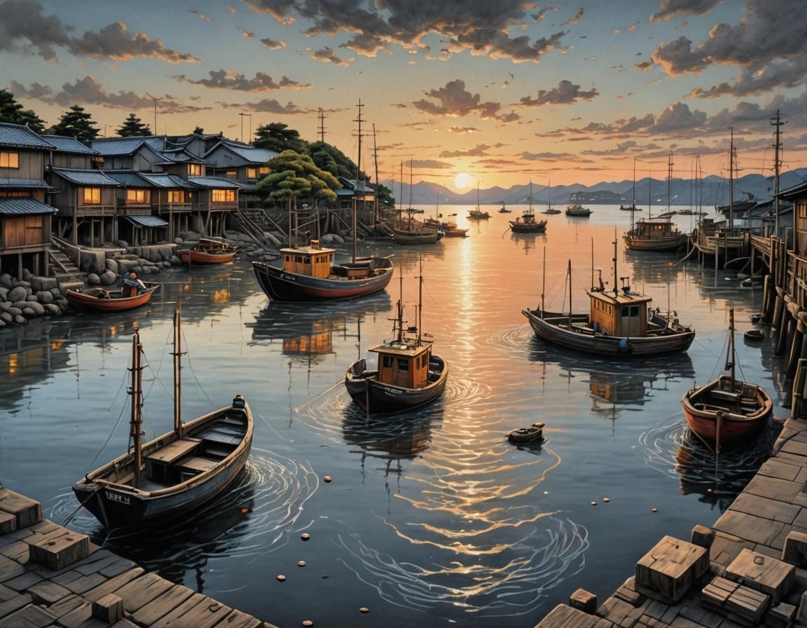 Japanese Bay Sunset in Vibrant Chalk Art
