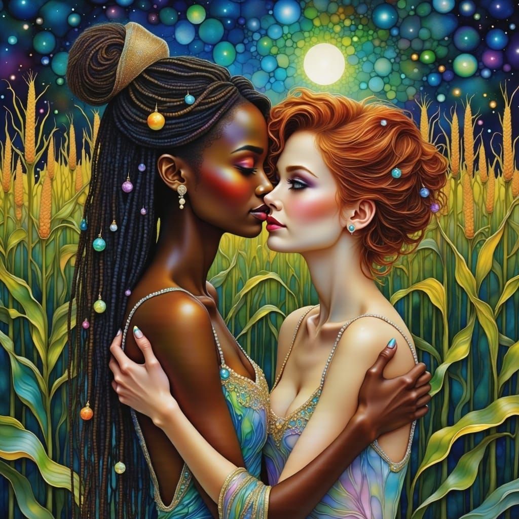 Two Women Embracing in a Dreamlike Corn Field Scene