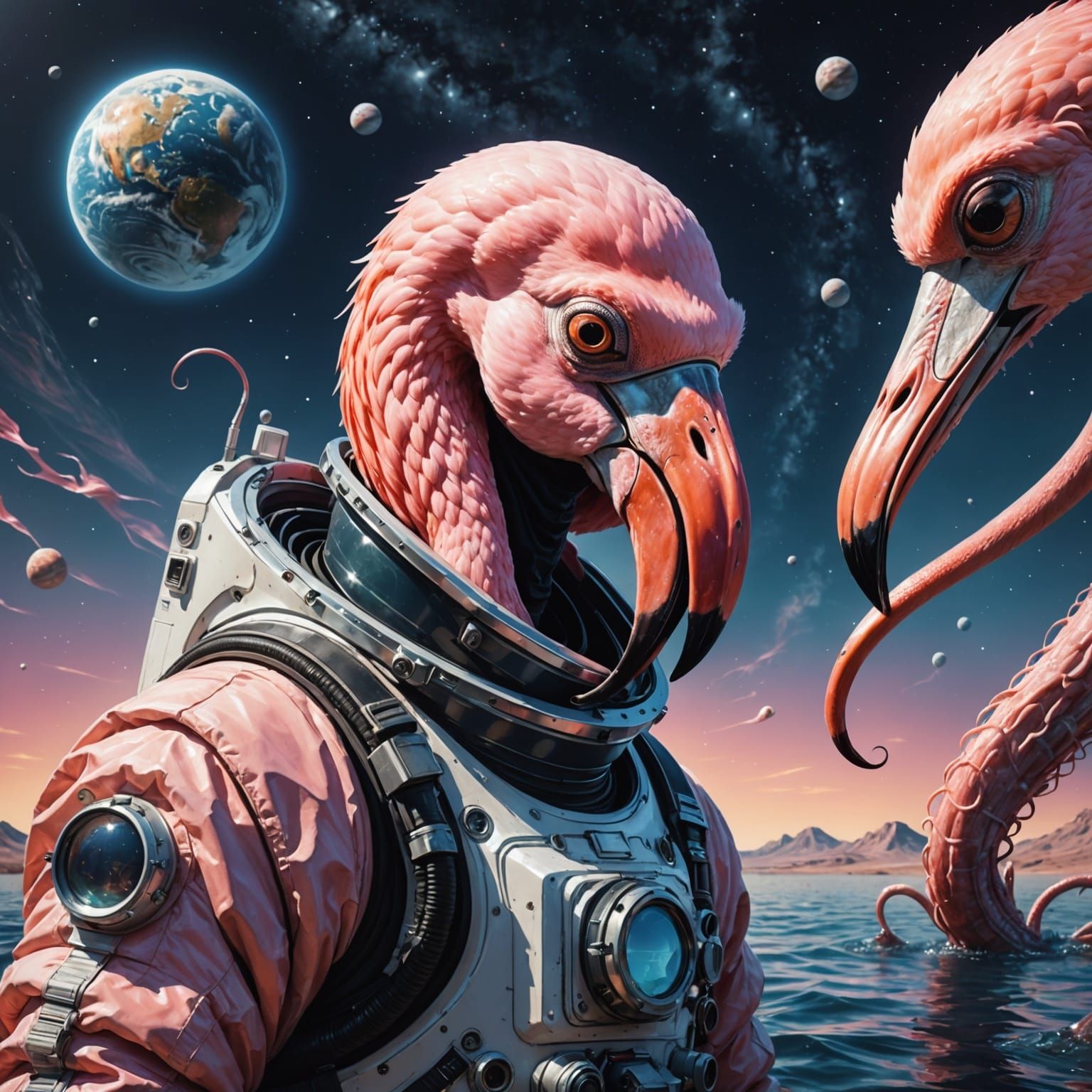 Flamingos Conquer Space in Vibrant Cyberpunk Art