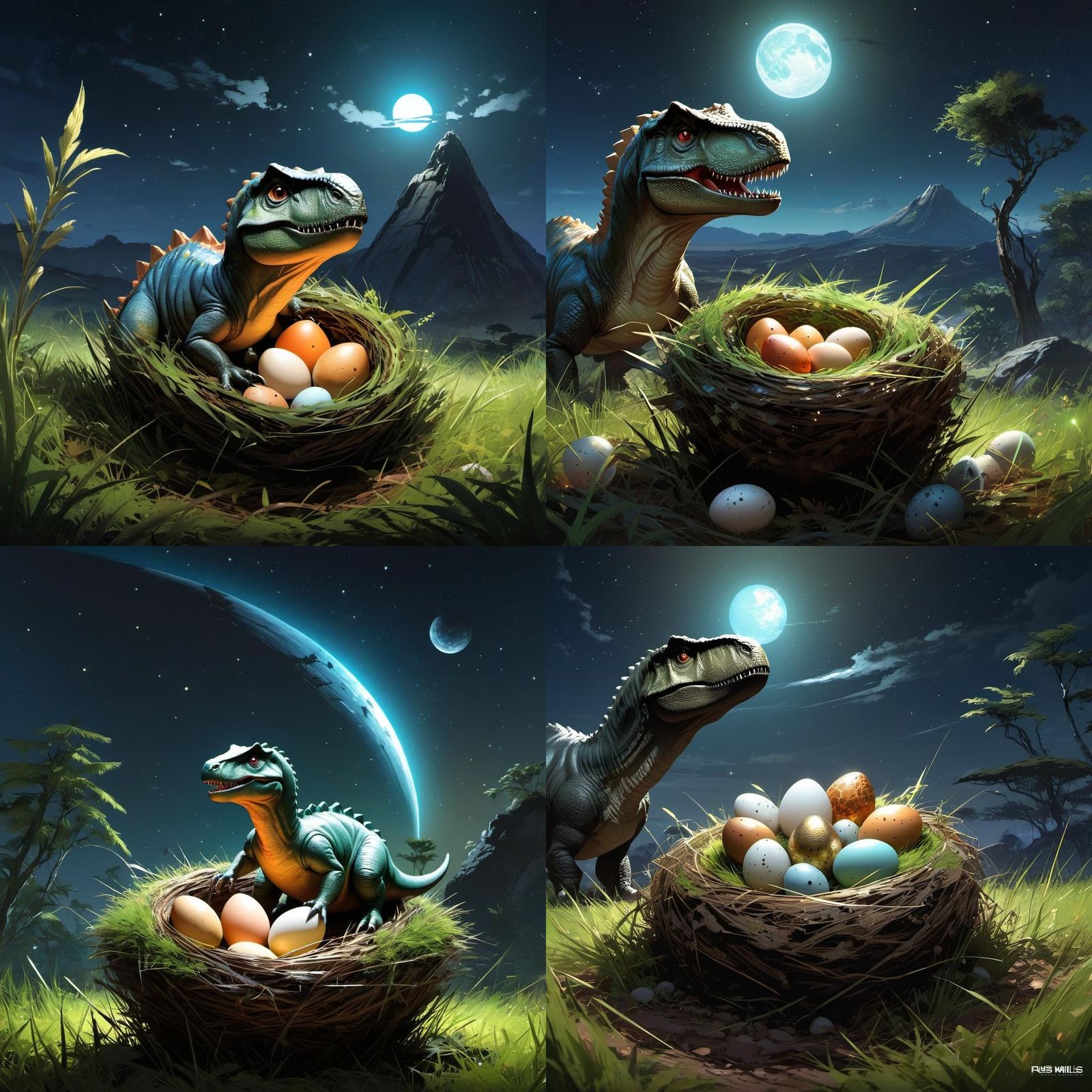 Chibi Dinosaur Nest with Meteor, Grassy Hill