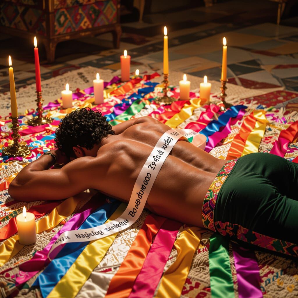 Cinematic Man on Decorated Popor with Ribbons