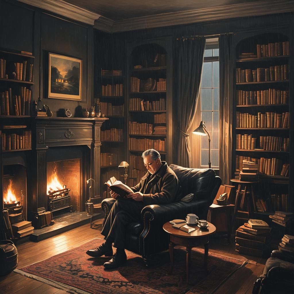 Man Reading Book by Fireplace: Fantasy Concept Art
