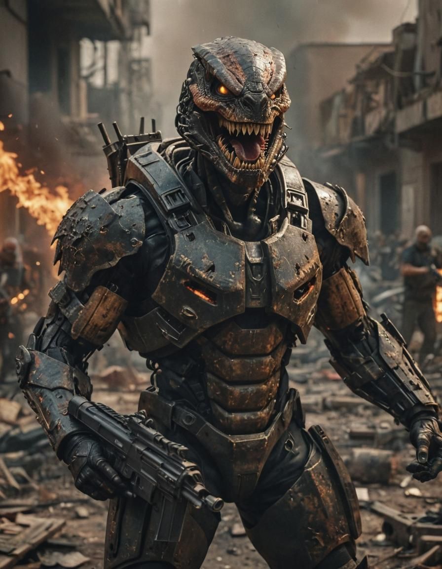 Apocalyptic Soldier Grips Machine Gun in Fiery Scene