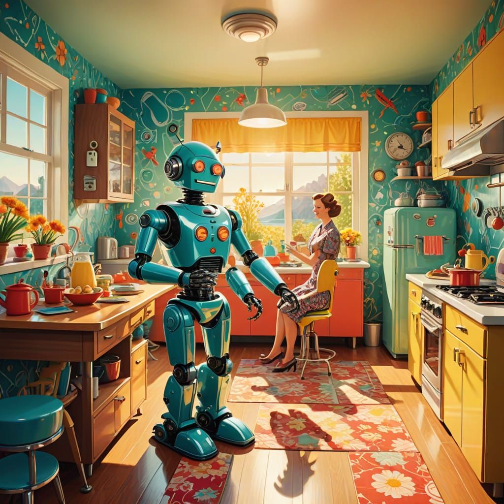 Retro Futuristic Robot and Aliens in a 1950's Kitchen Scene