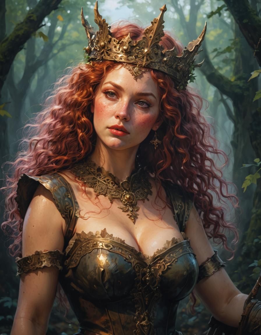 Voluptuous Redhead Queen in Forest, Detailed Digital Art