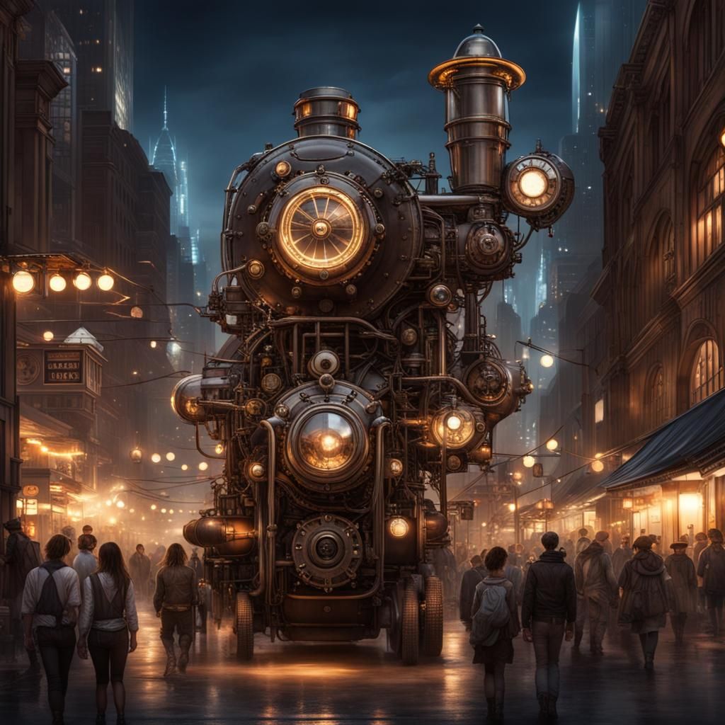 Steampunk Night Market in Futuristic City