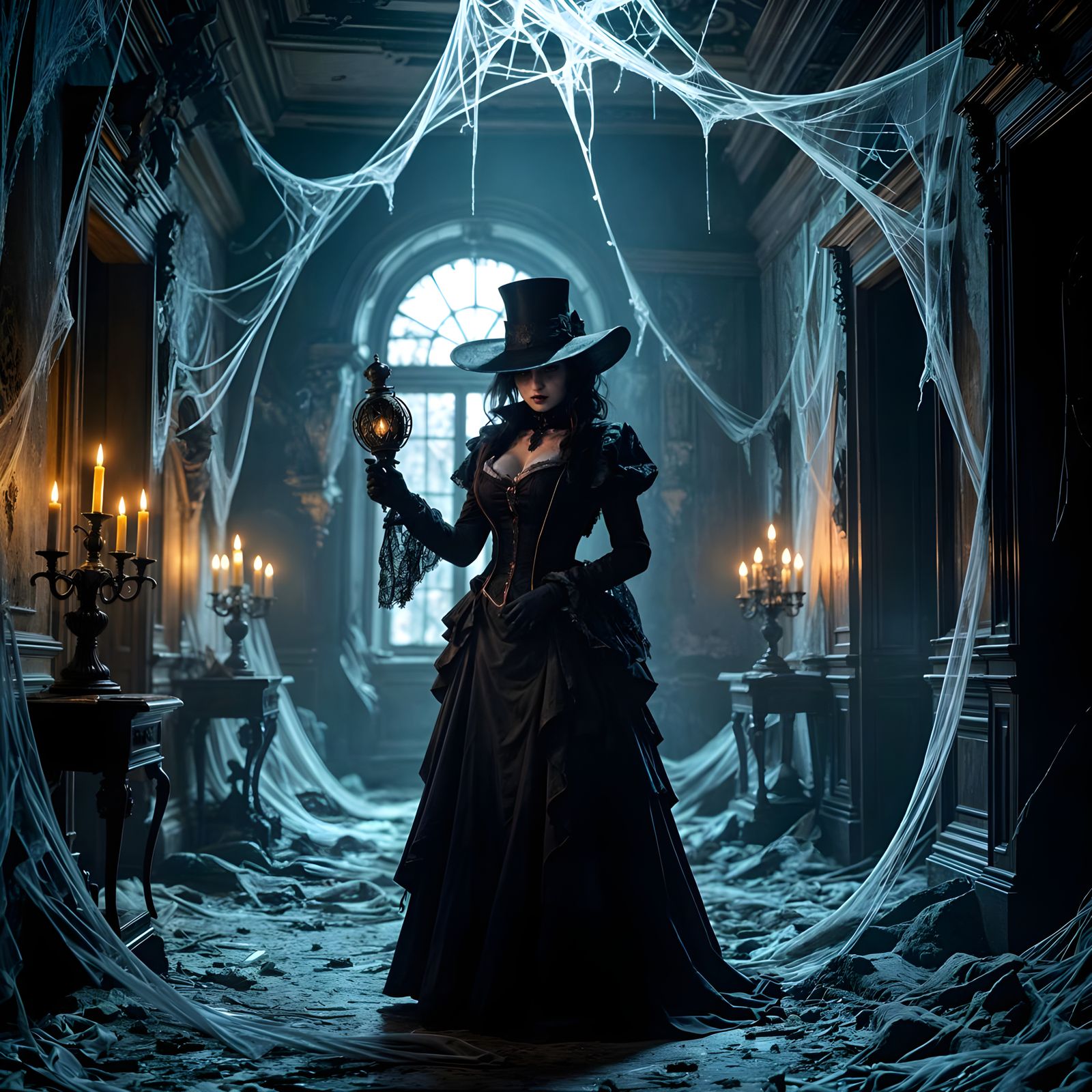 Gothic Horror Scene in Dilapidated Mansion