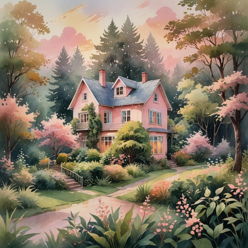 Cozy House in Lush Greenery: Impressionistic Watercolor