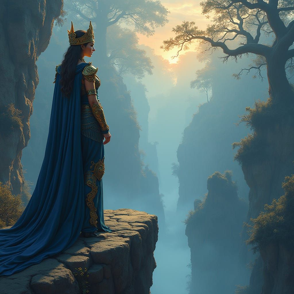 Regal Queen Ratu Athena in a Dreamlike Misty Landscape